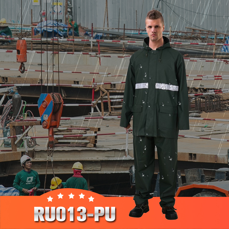 Rainsuit hooded with elastic waist pants with high reflective tape