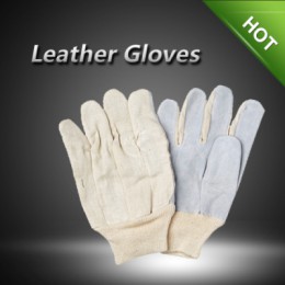 LC22404 Cow split leather gloves with drill cotton back and knit wrist